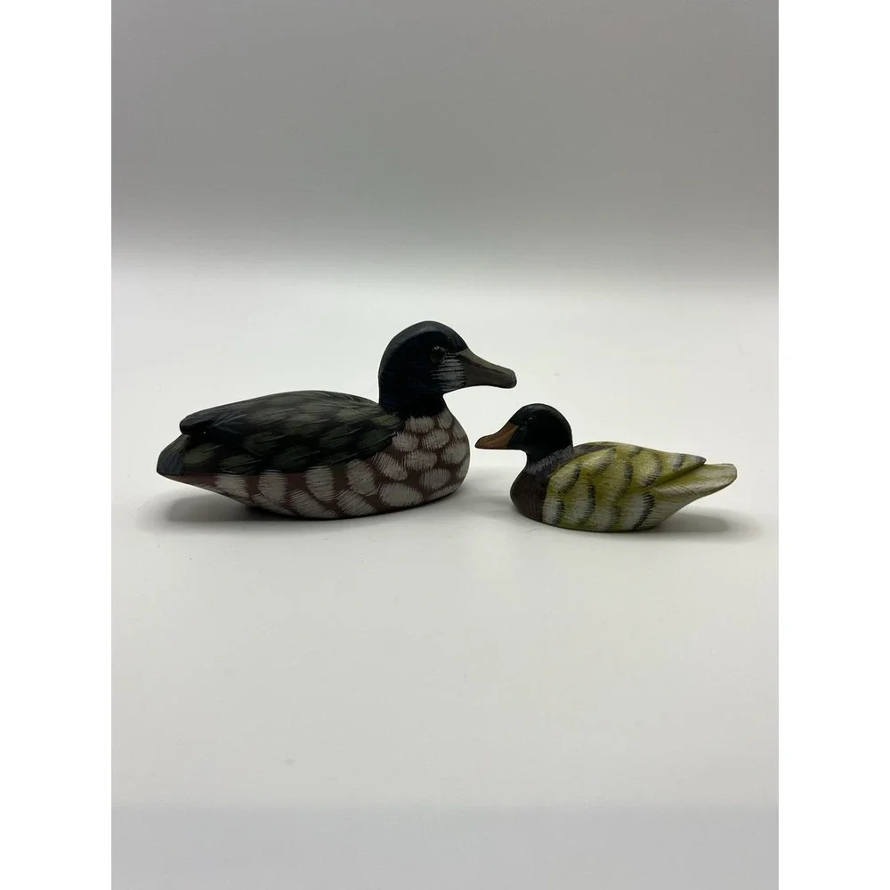 Lot of 2 Small Carved Wooden Ducks Miniature Decoys Figurine READ
